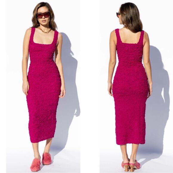 Mara Hoffman Sloan Popcorn Smocked Bodycon Berry Pink Midi Dress Size XXS - Picture 3 of 9